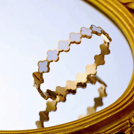 Aubrey Gold Clover Bangle Bracelet – 18K Gold Plated Lock Bangle for Women